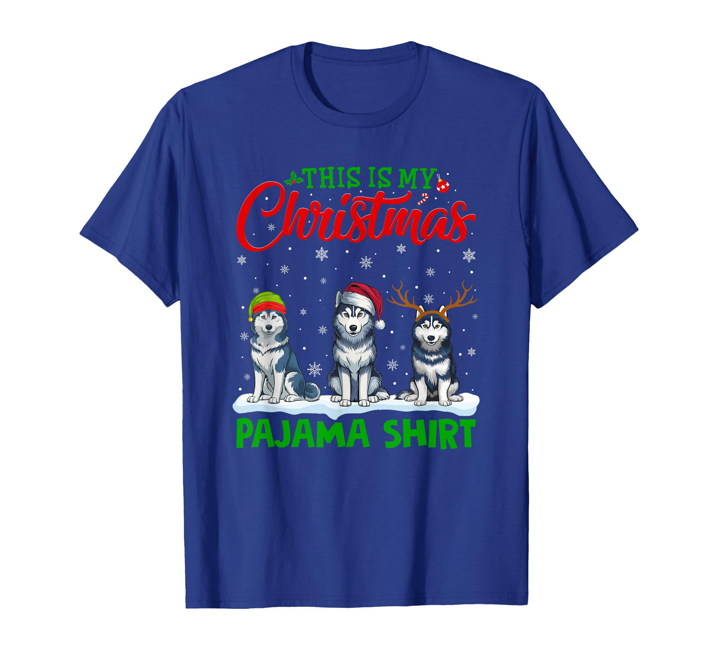 Xmas Santa Hat Reindeer Siberian Husky Dog Christmas Pajama T-Shirt
