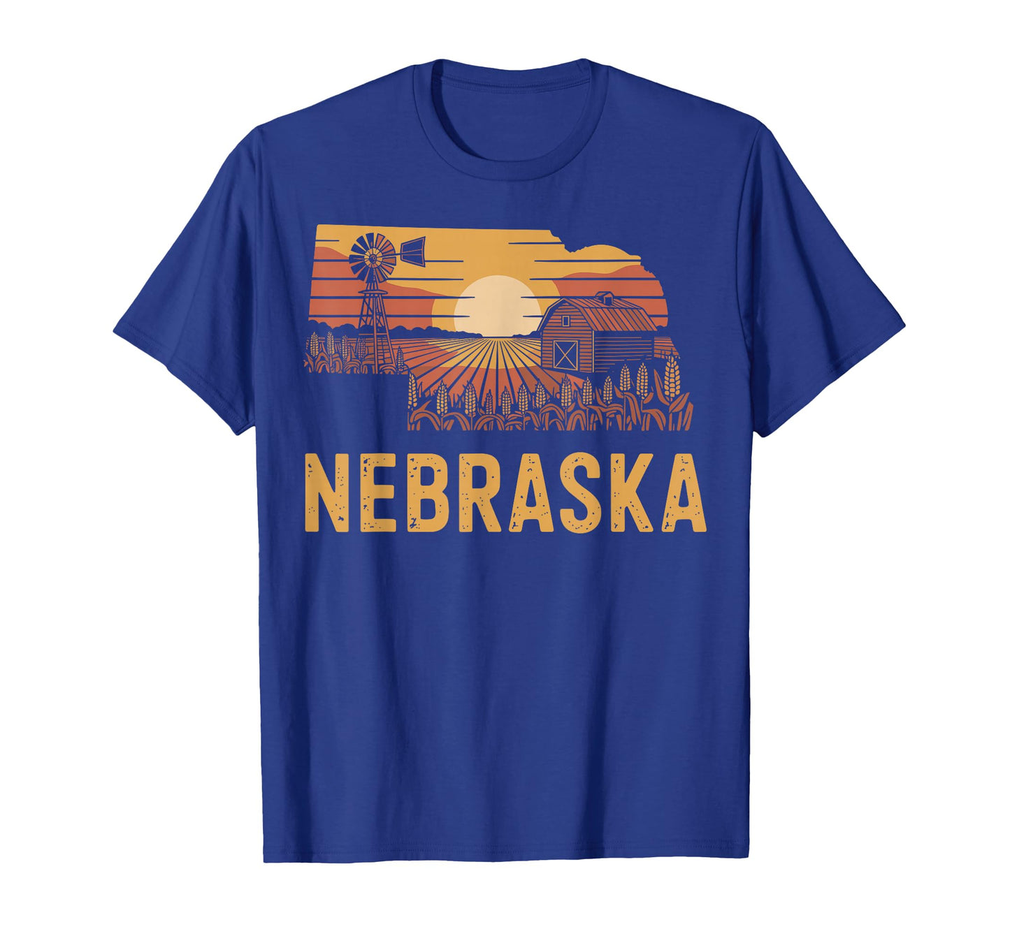 Nebraska barn windmill sunset farmland crops retro T-Shirt
