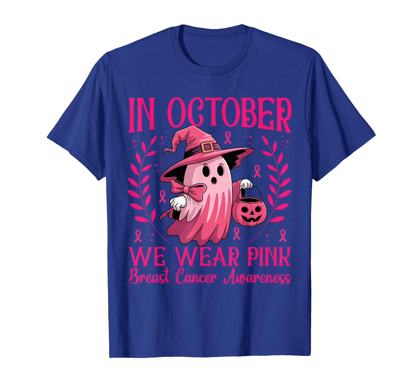 in October We Wear Pink Ghost Witch Breast Cancer Awareness T-Shirt