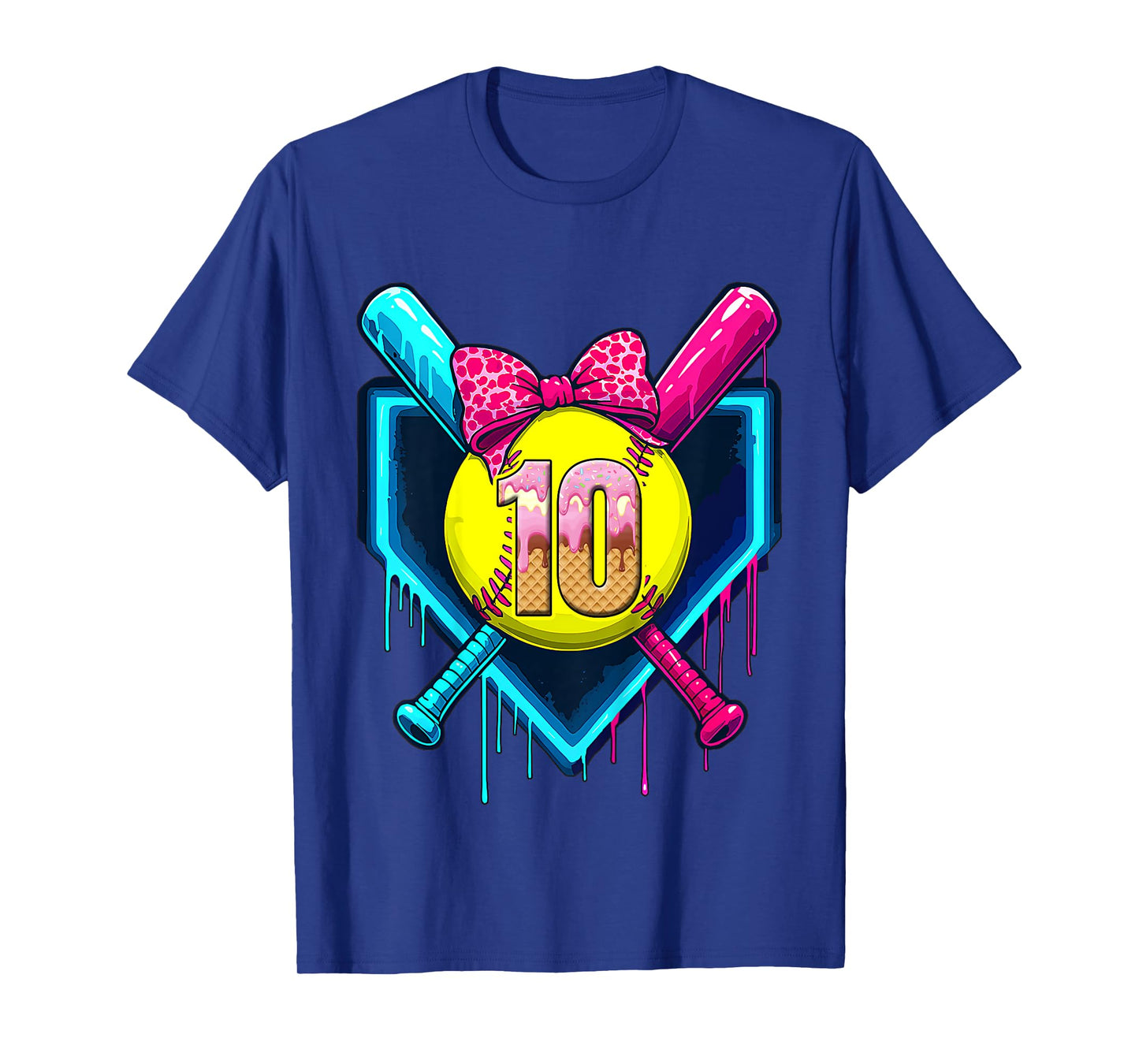 Softball 10 Years Old Ice Cream Drip 10th Birthday Girl T-Shirt