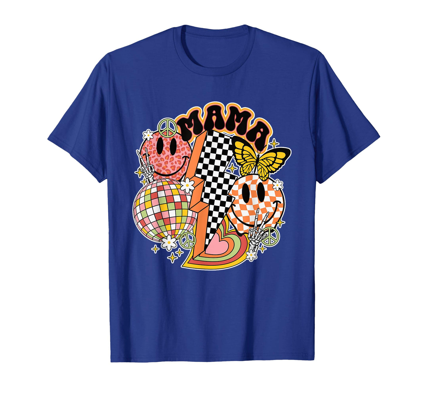 Retro Mama Happy Face Peace Sign Disco Ball Lightning Bolt T-Shirt