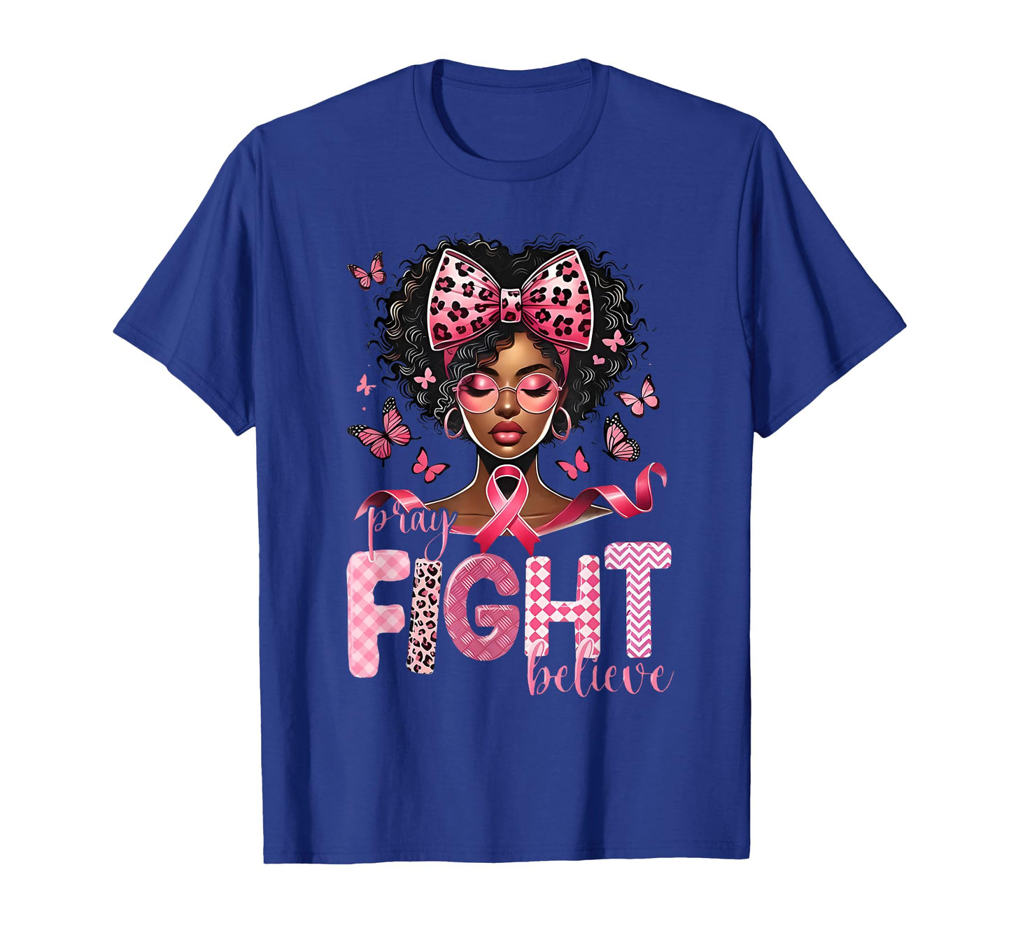 Pray Believe Fight Messy Bun Black Women Pink Breast Cancer T-Shirt
