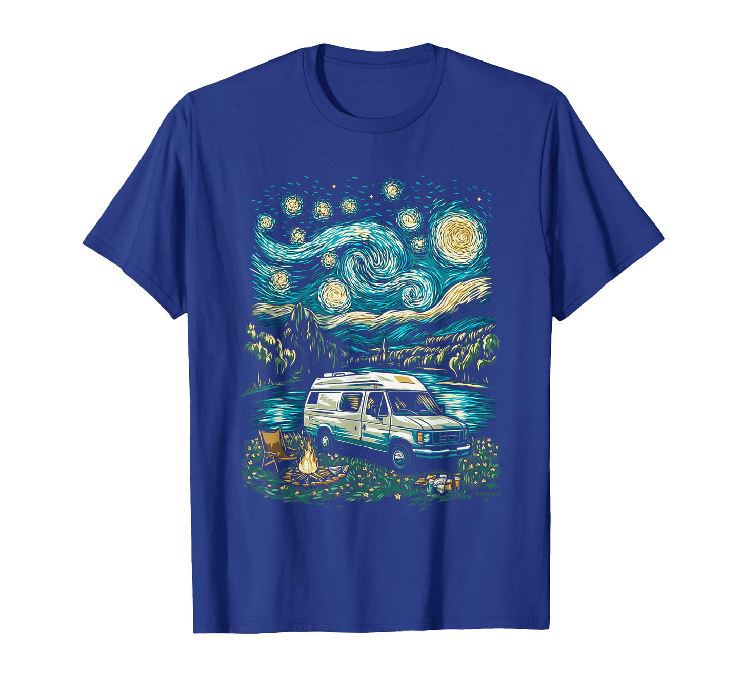 Camper Van Adventure Under Starry Sky Near Flowing River T-Shirt