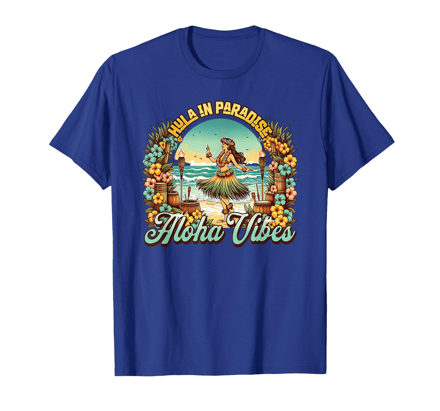 Hawaiian Hula Dancer Aloha Vibes Tropical Flowers Tiki Beach T-Shirt