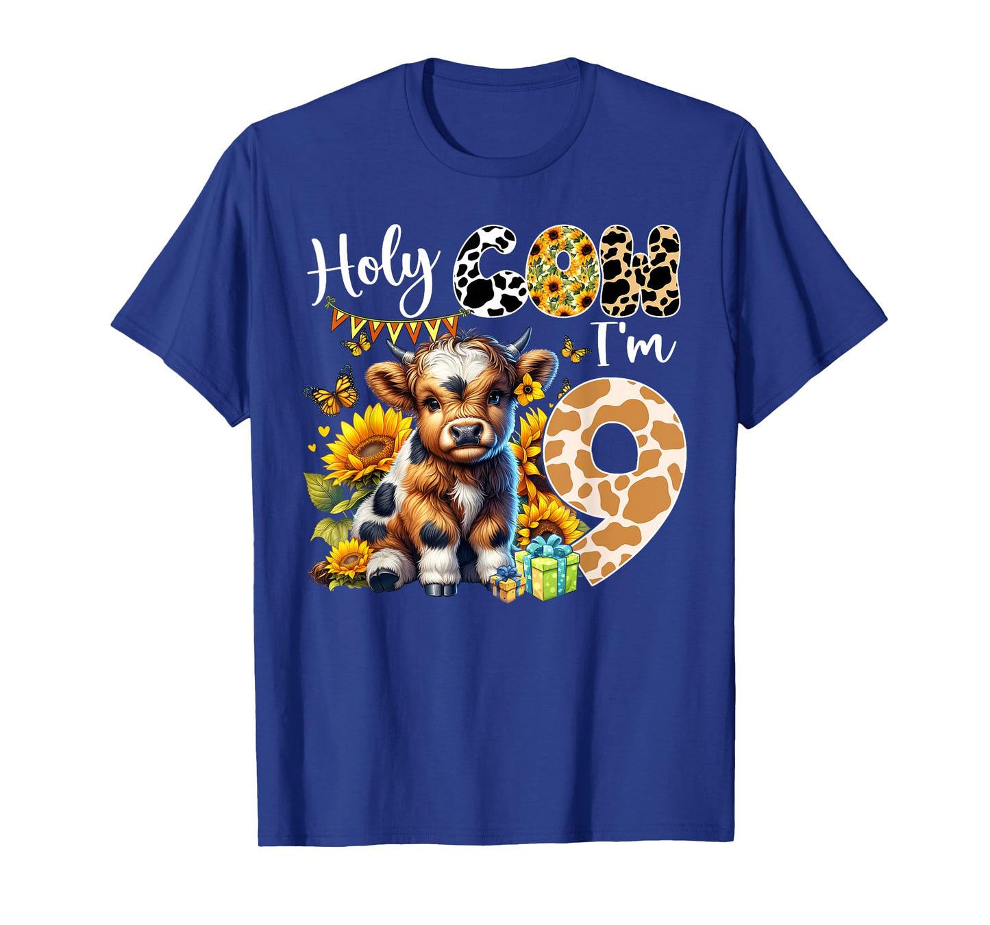 Holy Cow Iβm 9 Years Old Dairy Cow Sunflowers 9th Birthday T-Shirt