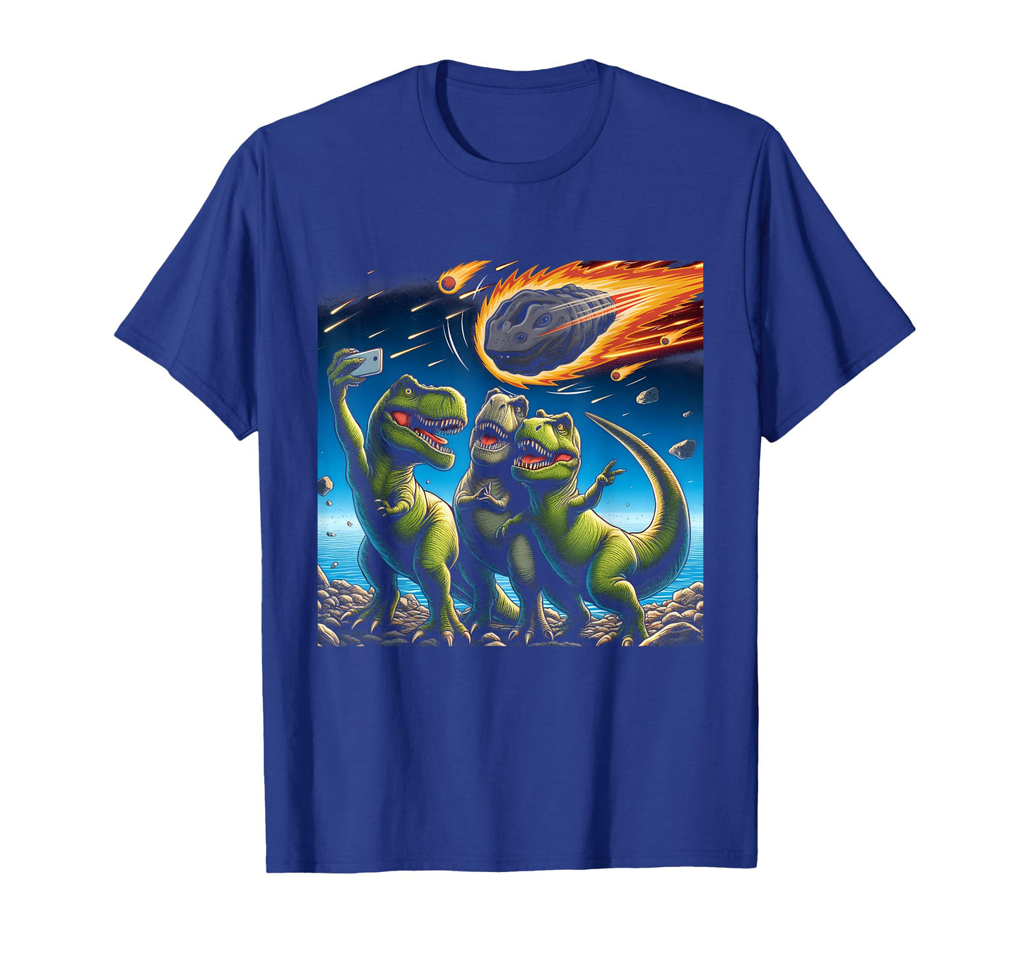 Dinosaur T Rex Selfie Amid Falling Meteor Extinction Moment T-Shirt