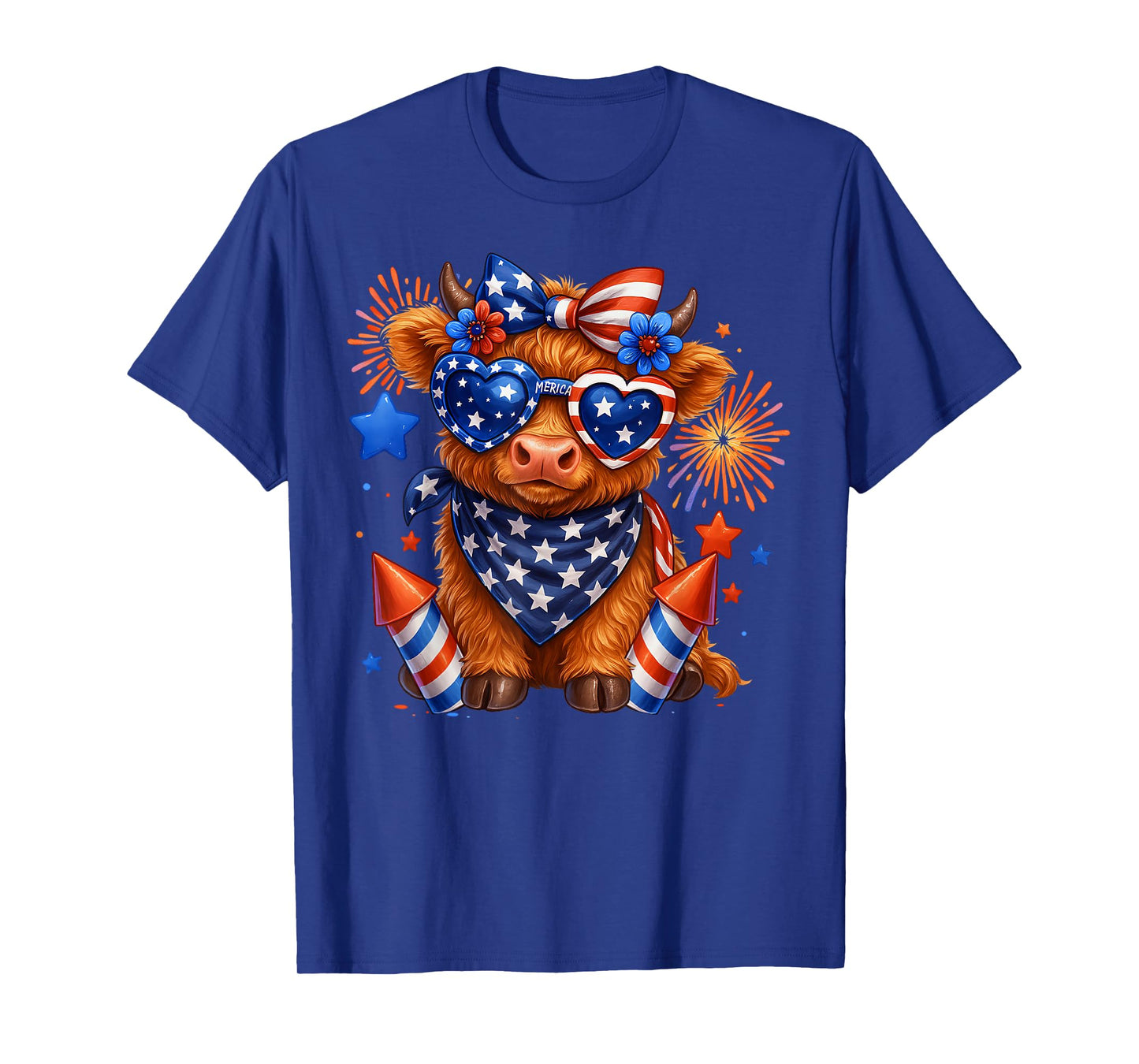 Cute Highland Cow 4th Of July USA Flag Patriotic Cow Farmer T-Shirt