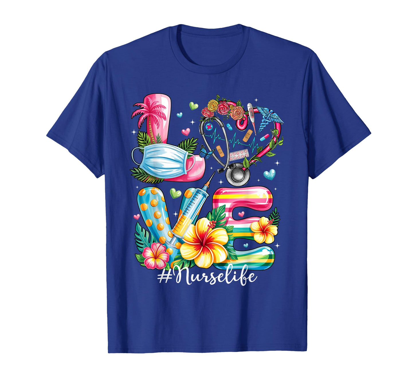 Love Summer Nurse Life Stethoscope Tropical Flowers Hawaii T-Shirt
