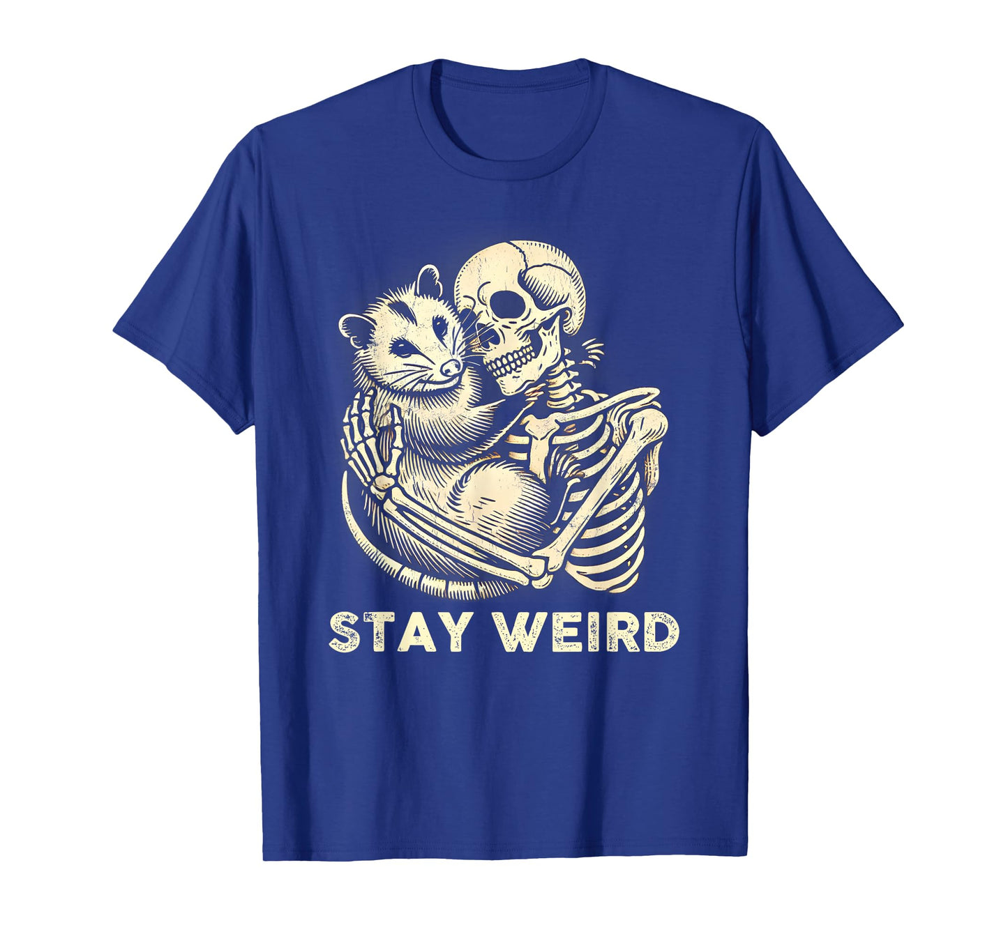 Skeleton Hugging Opossum Stay Weird Vintage Humor Possum T-Shirt