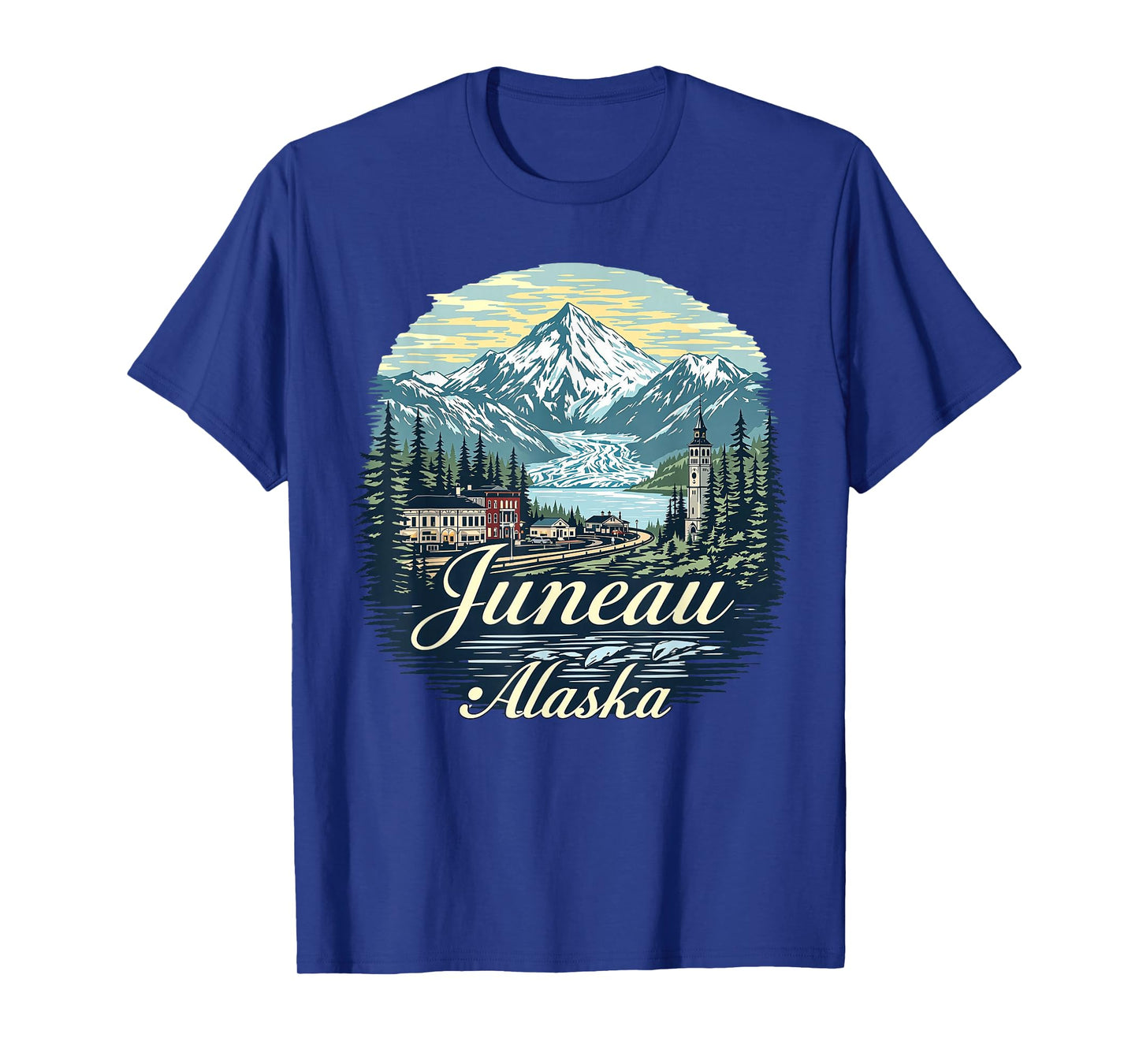 Vintage Juneau Alaska Sunset Skyline Mountains Cityscape T-Shirt