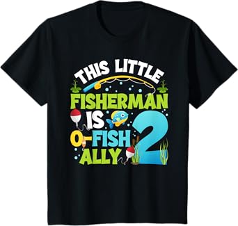 Kids 2nd Fishing Birthday Party 2 Year Old Fisherman Birthday T-Shirt