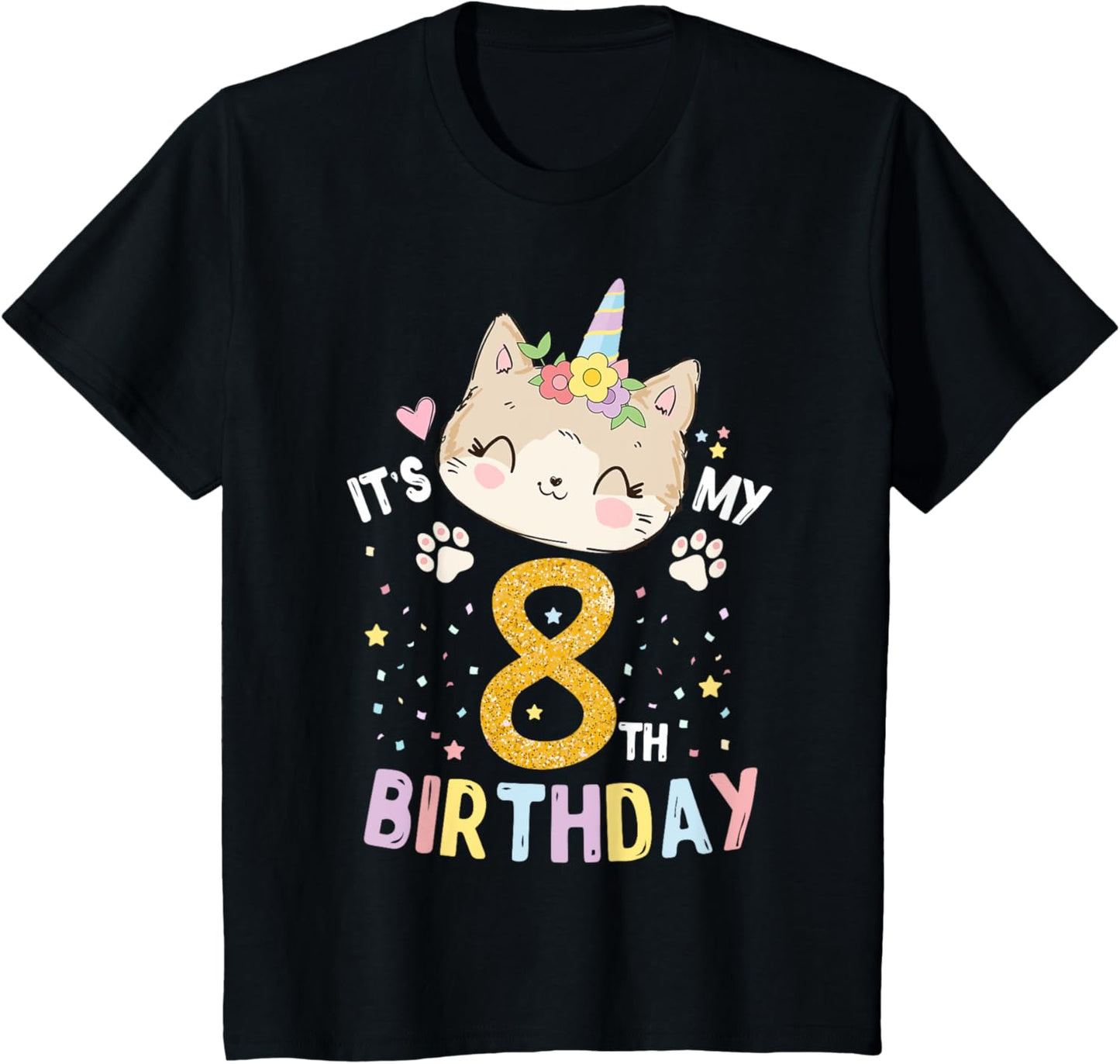 Kids It’s My 8th Birthday Cute Unicorn Cat 8-Year-Old Girl T-Shirt