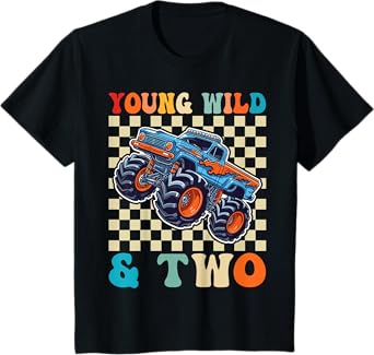 Kids 2nd Birthday Monster Truck Young Wild and Two 2 Year T-Shirt