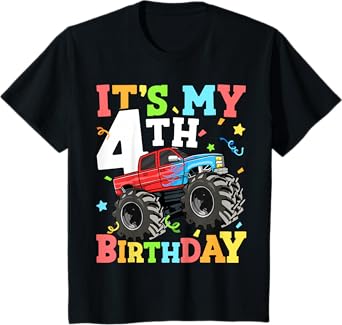 Kids Monster Truck It's My 4th Birthday Boy 4 Four Toddler T-Shirt