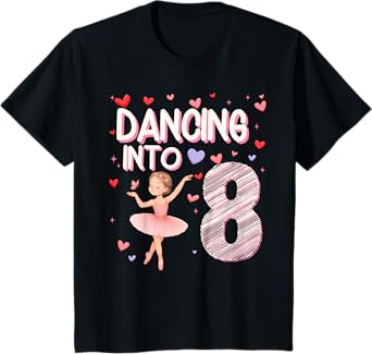 Kids Dancing Into 8 Years Old 8th Birthday Ballerina Girl Party T-Shirt
