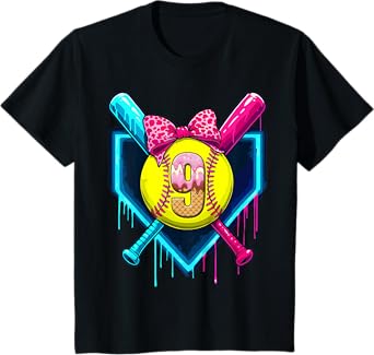 Softball 9 Years Old Ice Cream Drip 9th Birthday Girl T-Shirt