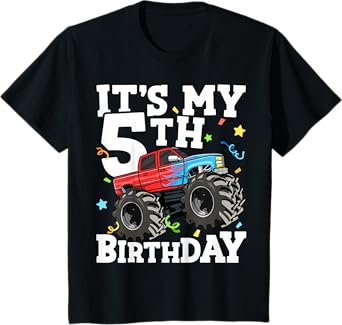 Kids Monster Truck It's My 5th Birthday Boy 5 Five Toddler T-Shirt