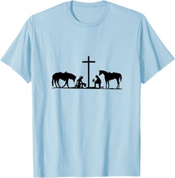 Western couple praying at cross with horses. cowboy. cowgirl T-Shirt