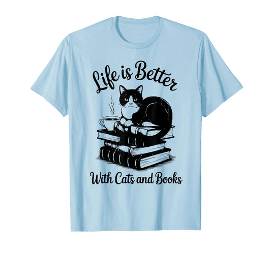 Life is Better with Cats & Books Funny Tuxedo Cat Mom Women T-Shirt