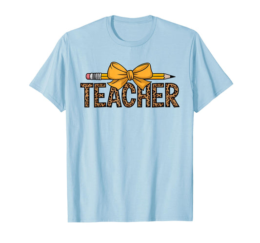 Leopard Teacher Coquette Pencil Bow Back to School Women T-Shirt