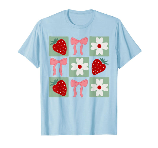 Checkered Strawberry Coquette Bow Festival Girls Women T-Shirt