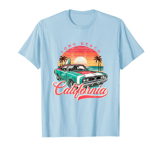 Classic Muscle Car Retro Long Beach California Surfer Sun T-Shirt