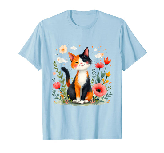 Smiling Calico Cat Cute Floral Kitten Cartoon Kitty Outdoors T-Shirt