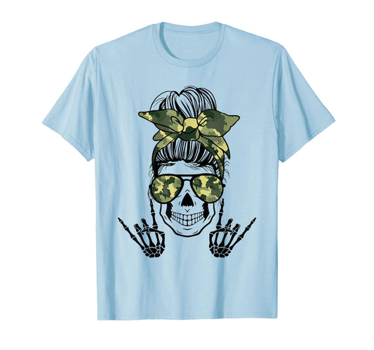 Horror Life Camo Messy Bun Skeleton Haloween Rock N Roll T-Shirt
