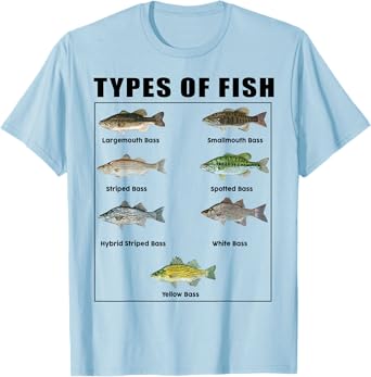Kids Types of Bass Fish Funny Boy Toddler Men Dad Fishing T-Shirt