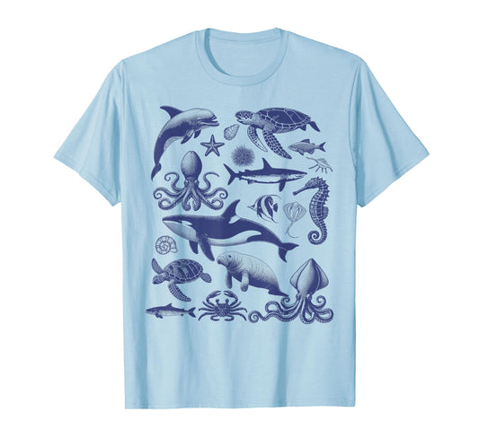 Ocean Wildlife Vintage Shark Turtle Octopus Graphic T-Shirt