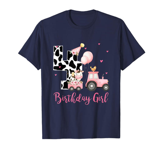 4th Birthday Outfit Girl 4 Year Old Farm Cow Chick Tractor T-Shirt