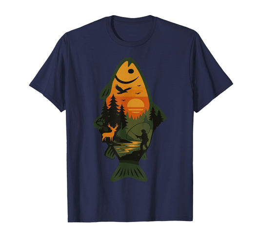 Trout Fly Fishing Outdoor Forest Nature Wildlife Scene T-Shirt
