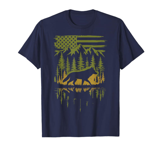 Wolf USA Flag Mountain Outdoor Wildlife Retro T-Shirt