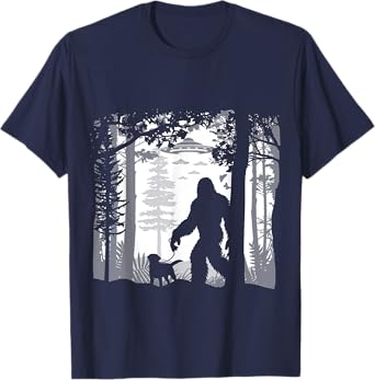 Funny Sasquatch Bigfoot Walking Dog In Woods With Alien Ufos T-Shirt
