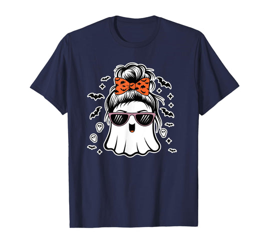 Cute Ghost Messy Bun Mom Halloween Messy Hair Bun Moms Life T-Shirt