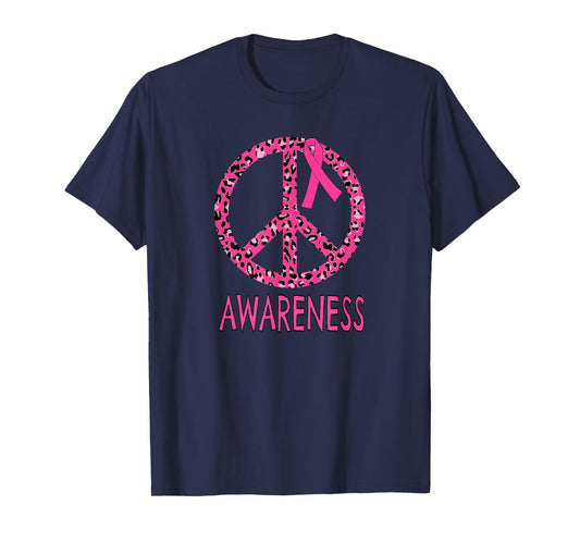 Breast Cancer Peace Sign Pink Leopard Print T-Shirt