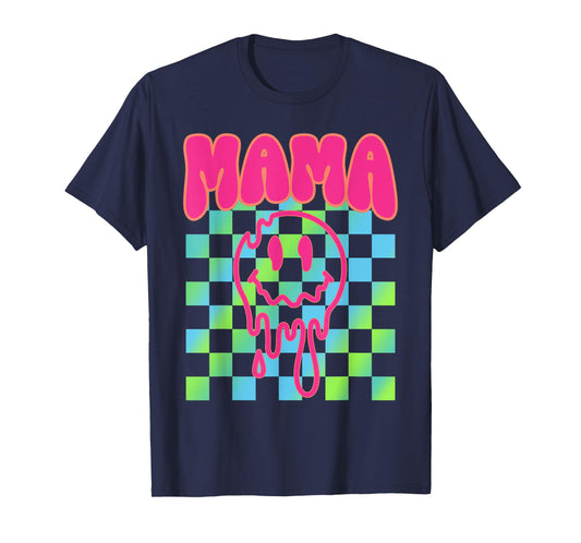 Colorful Rainbow Checkered Mama Funny Face Mom Life Womens T-Shirt
