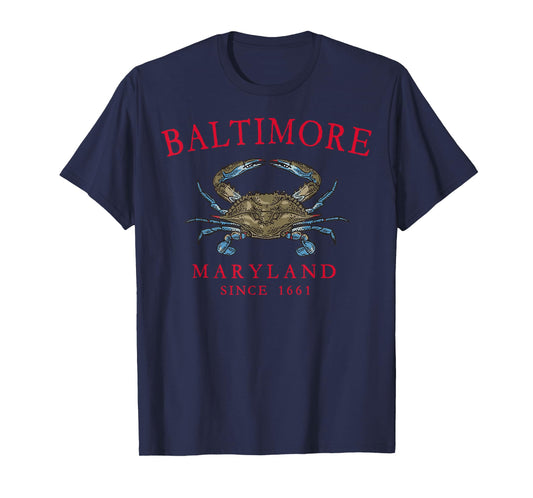 Baltimore Maryland Blue Crab Since 1661 Arched Red Letters T-Shirt