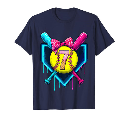 Softball 7 Years Old Ice Cream Drip 7th Birthday Girl T-Shirt