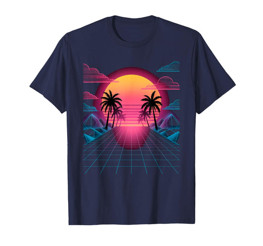 Vaporwave Sunset Grid Retro Digital Landscape in Synthwave T-Shirt