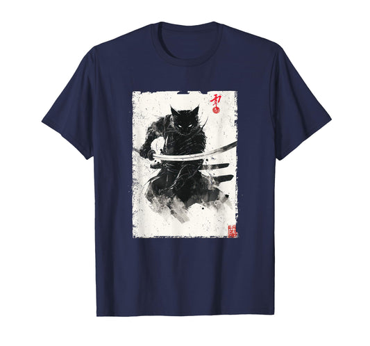 Vintage Samurai Cat Graphic Art Japanese Ukiyo-e T-Shirt