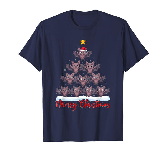 Santa Hat Ugly Xmas Funny Bat Christmas Tree T-Shirt