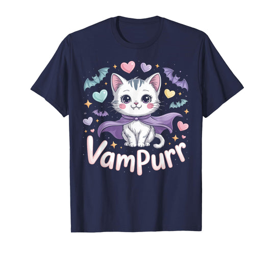Vampurr Vampire Cat with Fangs Halloween T-Shirt