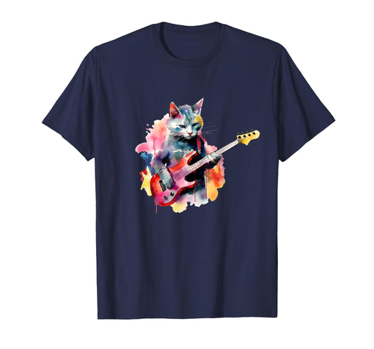 Cat Playing Bass Guitar Watercolor Graphic Design T-Shirt
