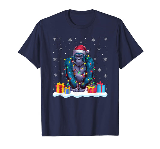 Gorilla Santa Hat Christmas Tree Light Xmas Pajama T-Shirt