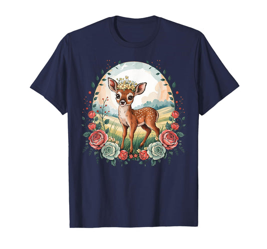 Vintage Cottagecore Deer in Floral Forest Retro Nature T-Shirt