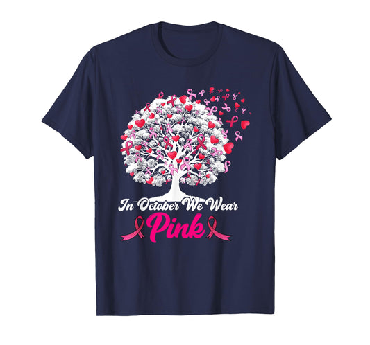 Breast Cancer Survivors in October We Wear Pink Ribbon Tree T-Shirt