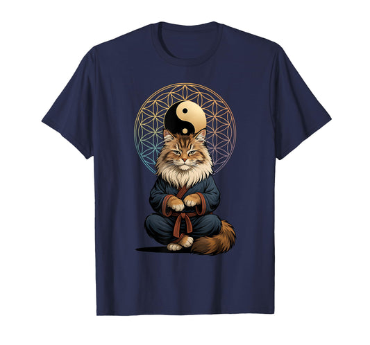 Tai Chi Cat Yin Yang Flower of Life Martial Arts Mainecoon T-Shirt