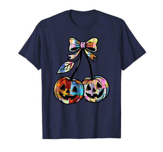 Pumpkin Cherries Coquette Plaid Retro Cherry Jack O'Lantern T-Shirt