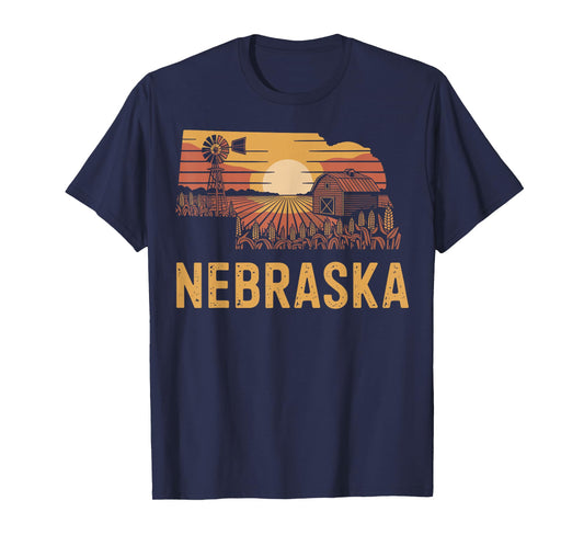 Nebraska barn windmill sunset farmland crops retro T-Shirt
